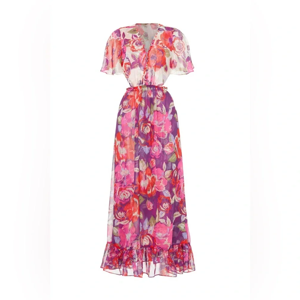 MISA Los Angeles Floral Chiffon Midi Dress Boho Pink Purple Button Front L - Picture 3 of 10
